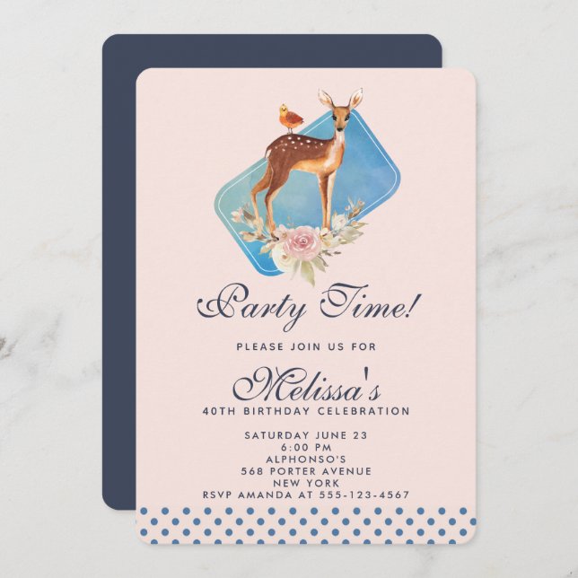 Cute Brown Watercolor Deer Birthday Party Invitation (Front/Back)