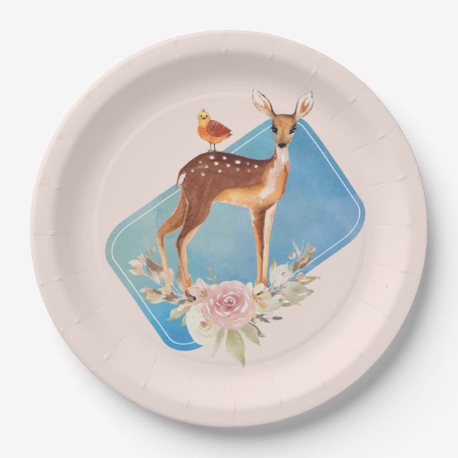 Cute Brown Watercolor Deer Rustic Elegance Paper Plate (Front)