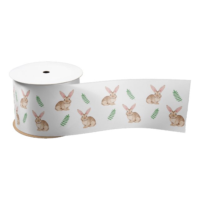 Cute Brown Watercolor Easter Bunny And Greenery Satin Ribbon (Spool)