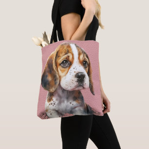 CUTE BROWN & WHITE BEAGLE PUPPY DOG TOTE BAG
