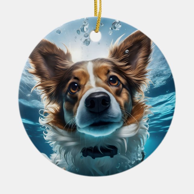 Cute Brown White Dog Underwater Swimming Ornament (Front)