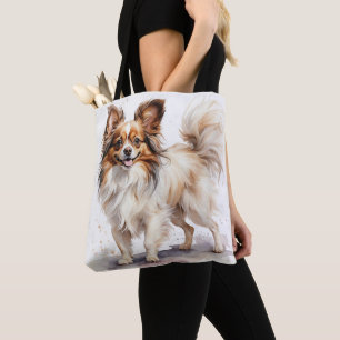 CUTE BROWN & WHITE PAPILLON PUPPY DOG TOTE BAG