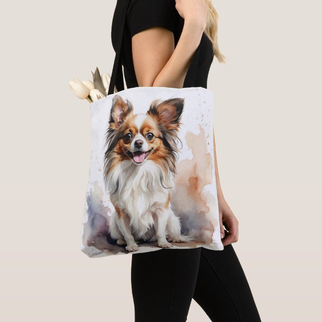 CUTE BROWN & WHITE PAPILLON PUPPY DOG TOTE BAG (Close Up)