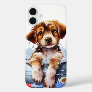 CUTE BROWN & WHITE PUPPY DOG IN BATHTUB iPhone 16 PLUS CASE