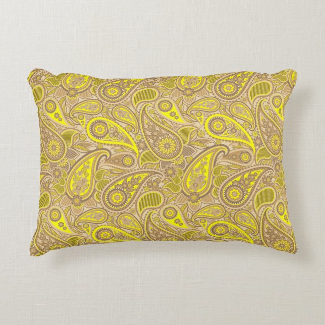 Cute brown yellow paisley pattern decorative cushion (Front)