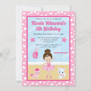 Cute Brunette Ballerina Kids Birthday Invitation