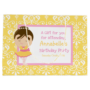 Cute Brunette Ballerina & Yellow Damask Thank You Large Gift Bag