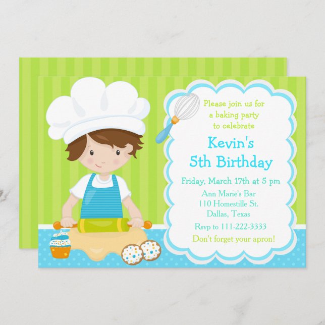 Cute Brunette Boy Baking Birthday Party Invitation (Front/Back)