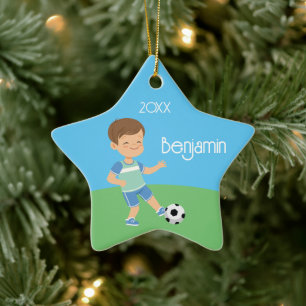 Cute Brunette Boy Soccer Personalised Christmas Ceramic Ornament