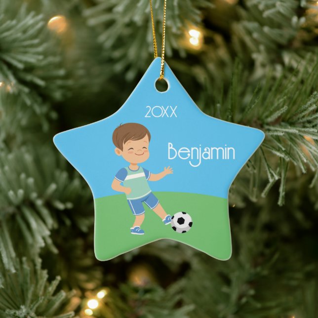 Cute Brunette Boy Soccer Player Ceramic Ornament (Tree)