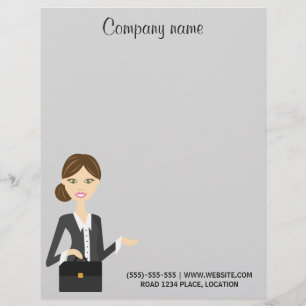 Cute Brunette Business Woman Illustration Letterhead Design