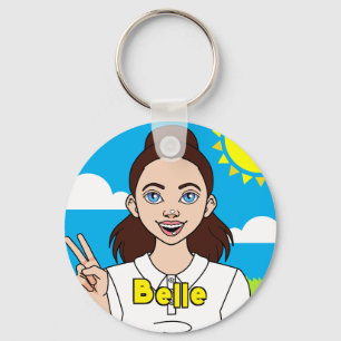 Cute Brunette Cartoon Girl School Student Name Key Ring