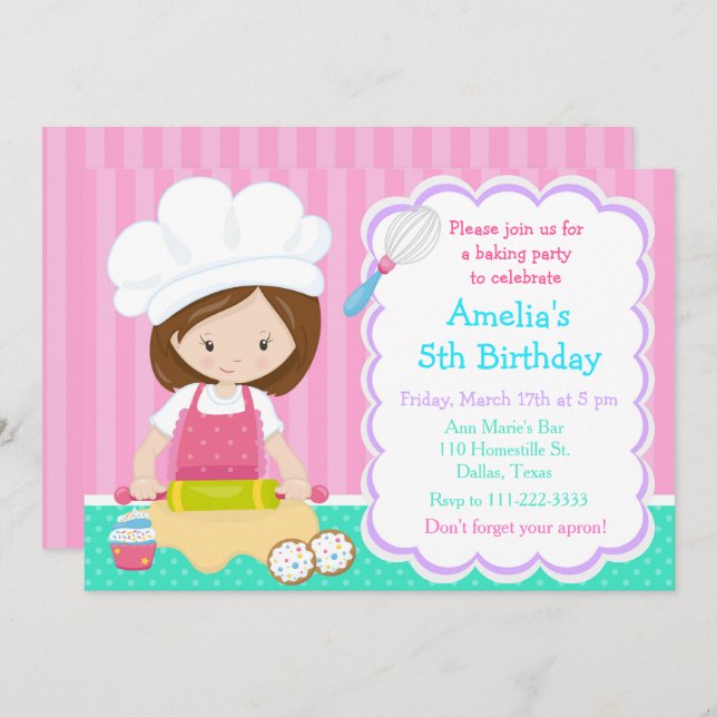 Cute Brunette Girl Baking Birthday Party Invitation (Front/Back)
