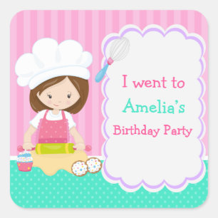 Cute Brunette Girl Baking Birthday Party Square Sticker