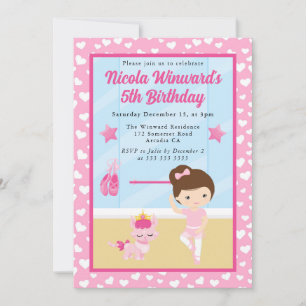 Cute Brunette Girl Ballerina Kids Birthday  Invitation