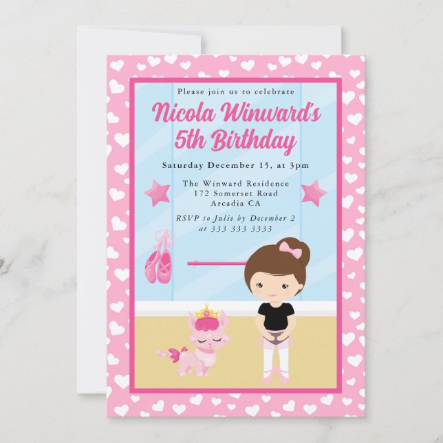 Cute Brunette Girl Ballerina Kids Birthday  Invitation (Front)