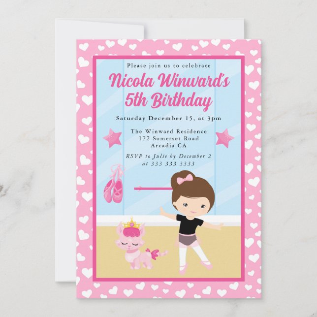 Cute Brunette Girl Ballerina Kids Birthday  Invitation (Front)