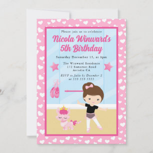 Cute Brunette Girl Ballerina Kids Birthday  Invitation