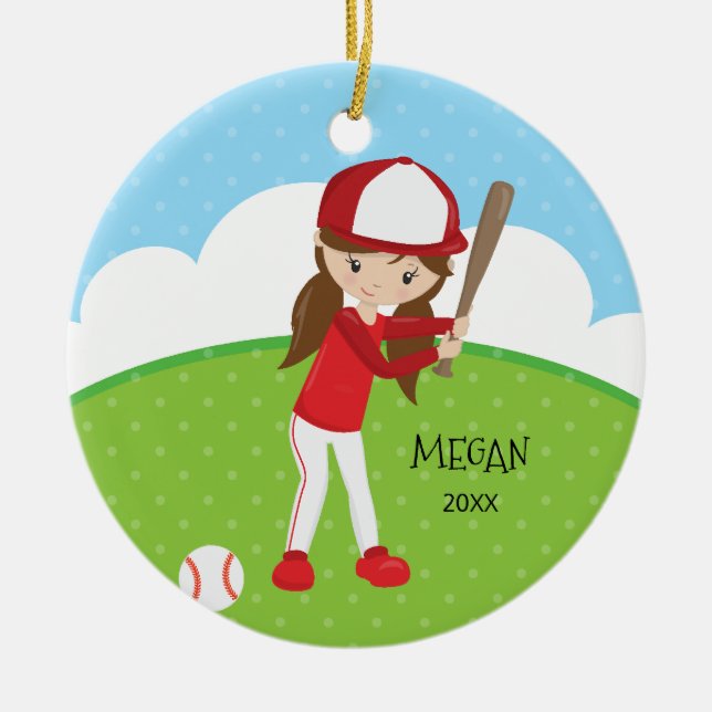 Cute Brunette Girl Baseball Personalised Christmas Ceramic Ornament (Front)