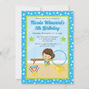 Cute Brunette Girl Gymnast  Kids Birthday  Invitation