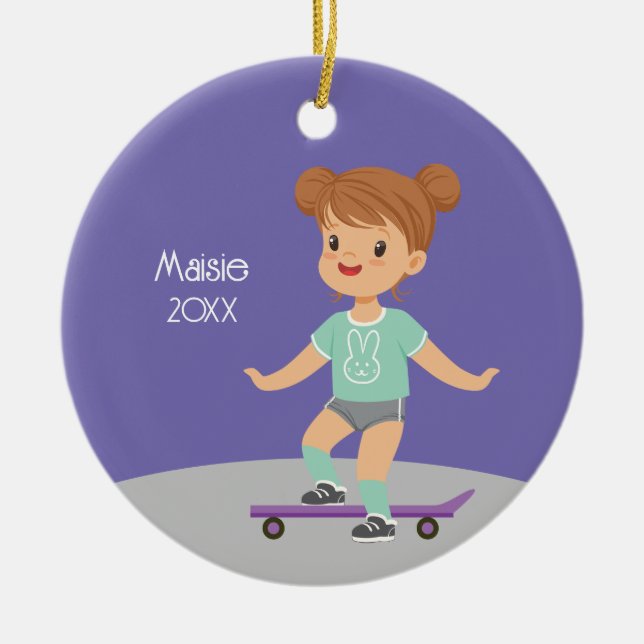 Cute Brunette Girl Skateboard Ceramic Ornament (Front)