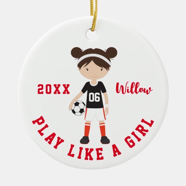 Cute Brunette Girl Soccer Personalised Christmas C Ceramic Ornament (Front)