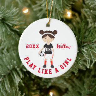 Cute Brunette Girl Soccer Personalised Christmas Ceramic Ornament