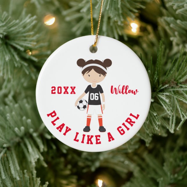 Cute Brunette Girl Soccer Personalised Christmas Ceramic Ornament (Tree)