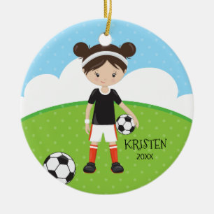 Cute Brunette Girl Soccer Personalised Christmas Ceramic Ornament