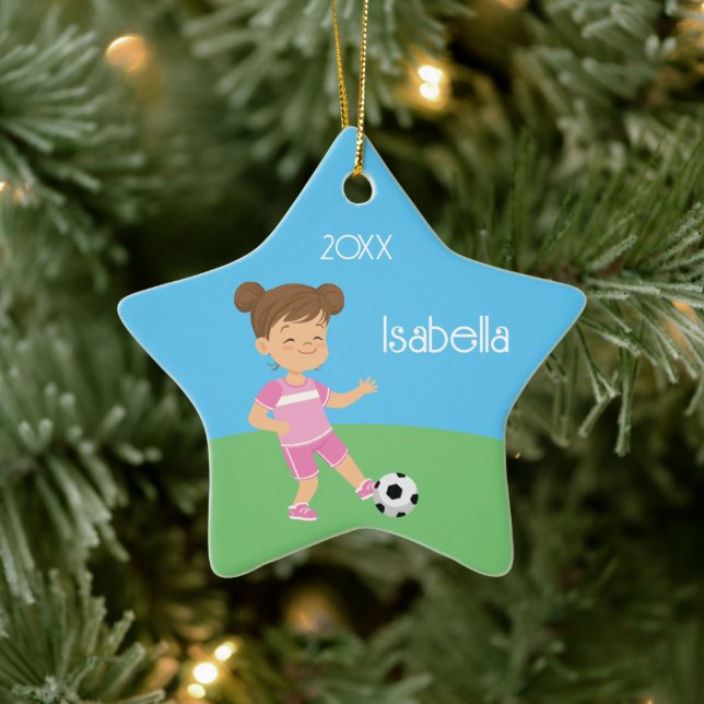 Cute Brunette Girl Soccer Player Ceramic Ornament (Tree)