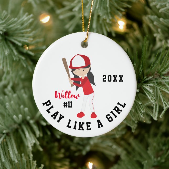 Cute Brunette Girl Softball Player Christmas   Ceramic Ornament (Tree)