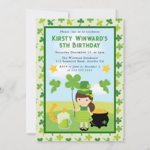 Cute Brunette Girl St Patrick's Kids Birthday  Invitation