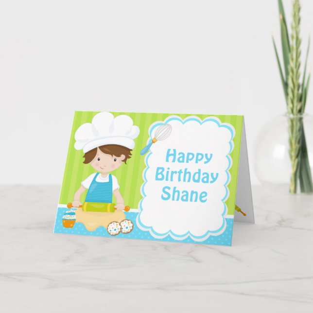 Cute Brunette Hair Boy Baking Birthday Party Card (Front)