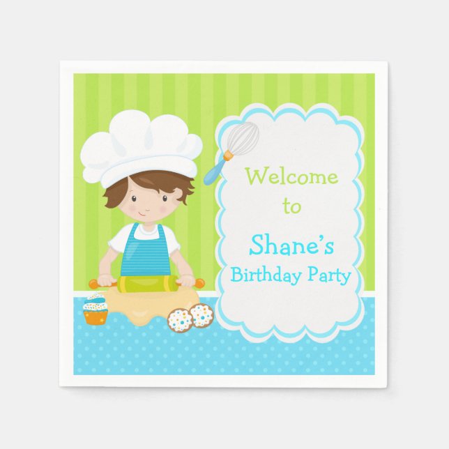 Cute Brunette Hair Boy Baking Birthday Party Napkin (Front)
