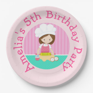 Cute Brunette Hair Girl Baking Birthday Party Paper Plate
