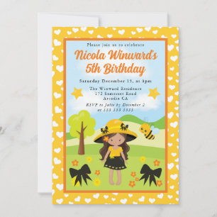 Cute Brunette Haired Bee Dress Girl Kids Birthday Invitation