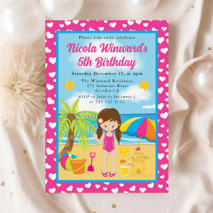 Cute Brunette Haired Girl Beach Kids Birthday  Invitation