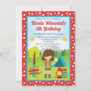 Cute Brunette Haired Girl Camping Kids Birthday  Invitation