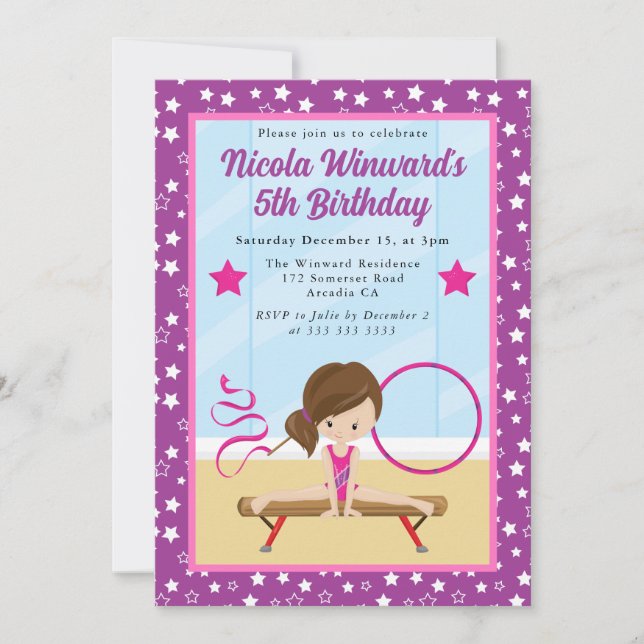 Cute Brunette Haired Girl Gymnast  Kids Birthday  Invitation (Front)