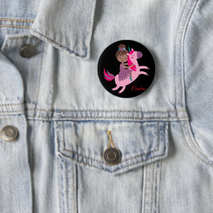 Cute Brunette Haired Girl Riding on a Unicorn 6 Cm Round Badge