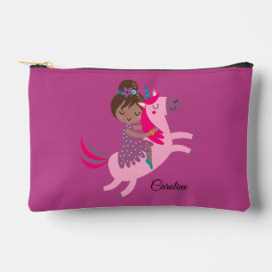 Cute Brunette Haired Girl Riding on a Unicorn Accessory Pouch