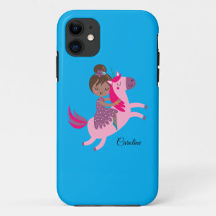 Cute Brunette Haired Girl Riding on a Unicorn iPhone 11 Case