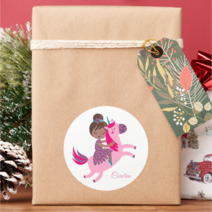 Cute Brunette Haired Girl Riding on a Unicorn Classic Round Sticker