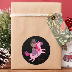 Cute Brunette Haired Girl Riding on a Unicorn Classic Round Sticker