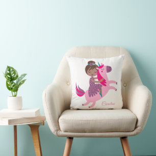 Cute Brunette Haired Girl Riding on a Unicorn Cushion