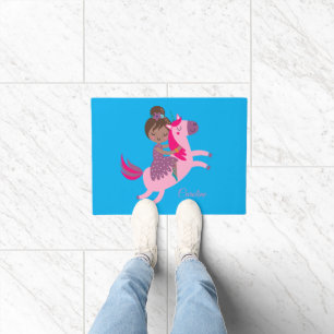 Cute Brunette Haired Girl Riding on a Unicorn Doormat