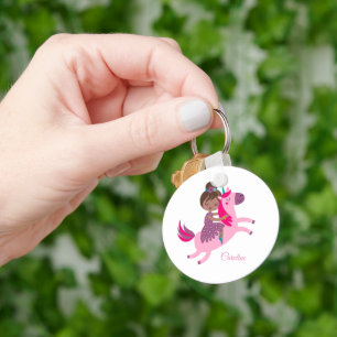 Cute Brunette Haired Girl Riding on a Unicorn Key Ring