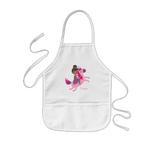 Cute Brunette Haired Girl Riding on a Unicorn Kids Apron