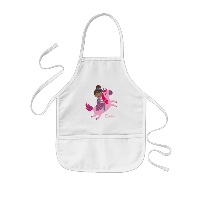 Cute Brunette Haired Girl Riding on a Unicorn Kids Apron (Front)