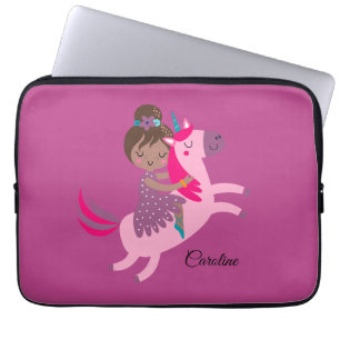 Cute Brunette Haired Girl Riding on a Unicorn Laptop Sleeve